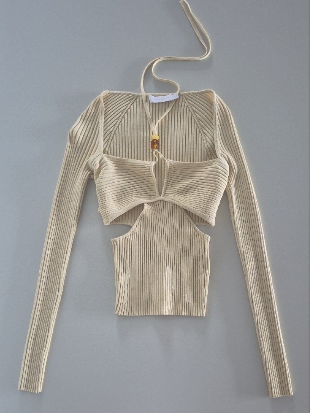 Jonathan Simkhai Cut-Out Ribbed Knit Long Sleeve Top with Halter Tie, Small